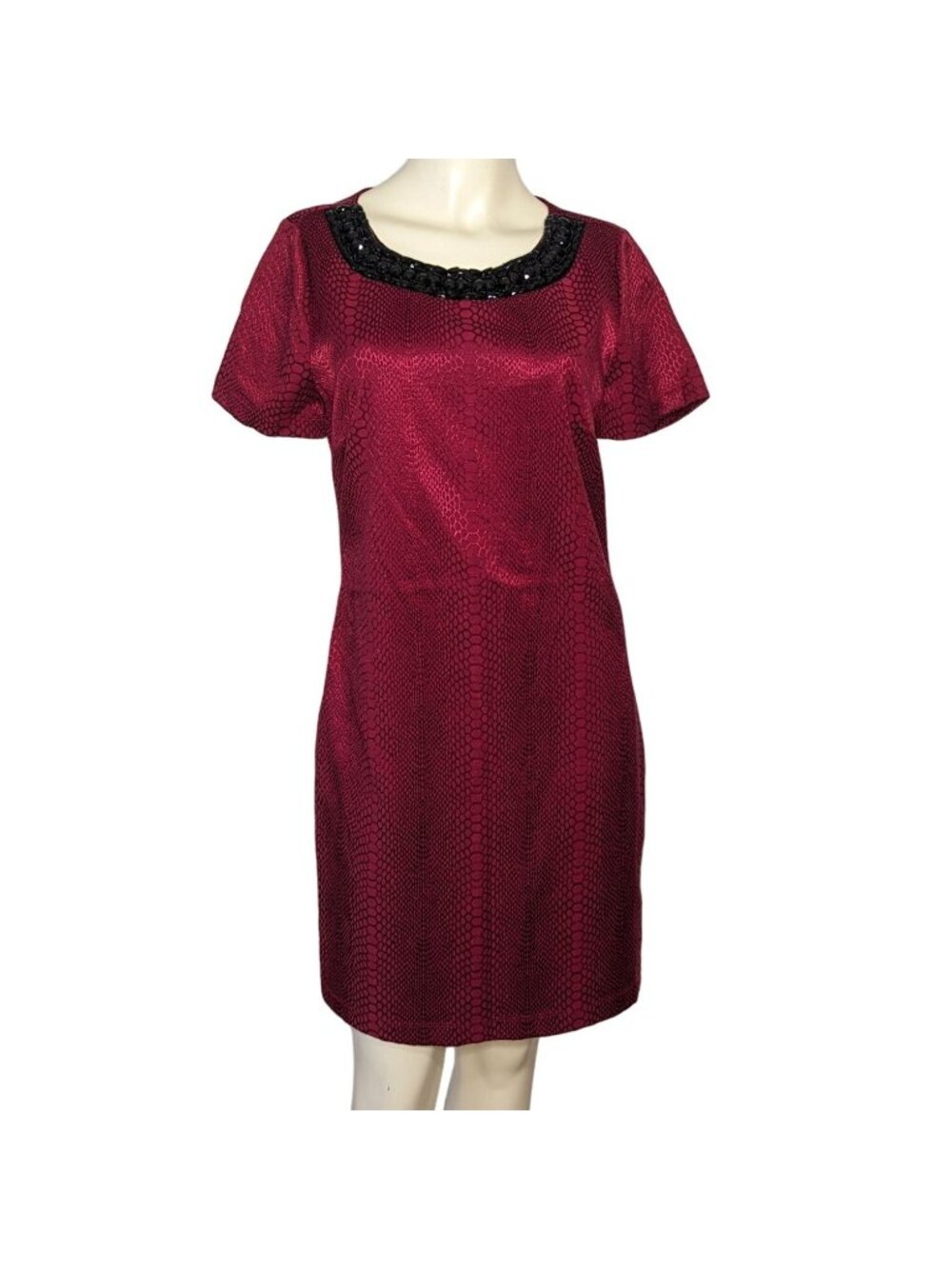 HALO short sleeve red snakeskin beaded neckline sheath career Dress size M